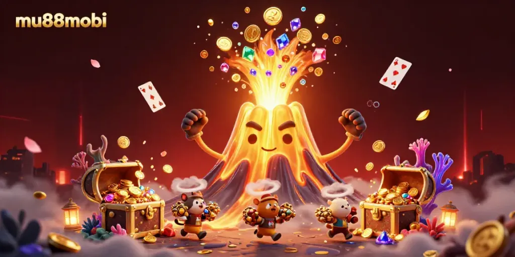 Experience thrilling wins with mu88mobi's captivating 3D casino adventure featuring a golden volcano and treasure.