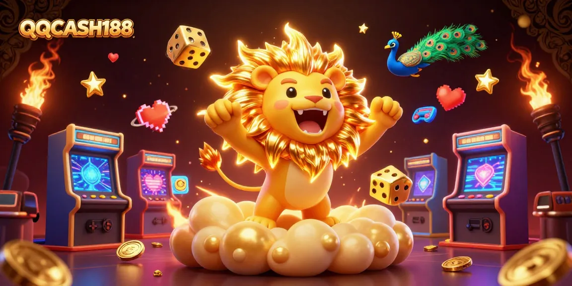 Engage in thrilling gameplay at QQCASH188 with vibrant 3D casino illustration featuring a roaring sun lion.