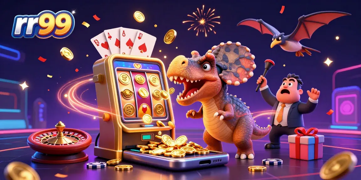 Experience rr99 excitement with cartoon dinosaurs and golden coins in a celebratory casino scene.