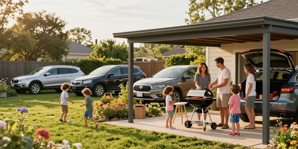 Moderne Carport-Struktur mit Familie darunter, entspannte Atmosphäre und Aktivitäten im Freien.