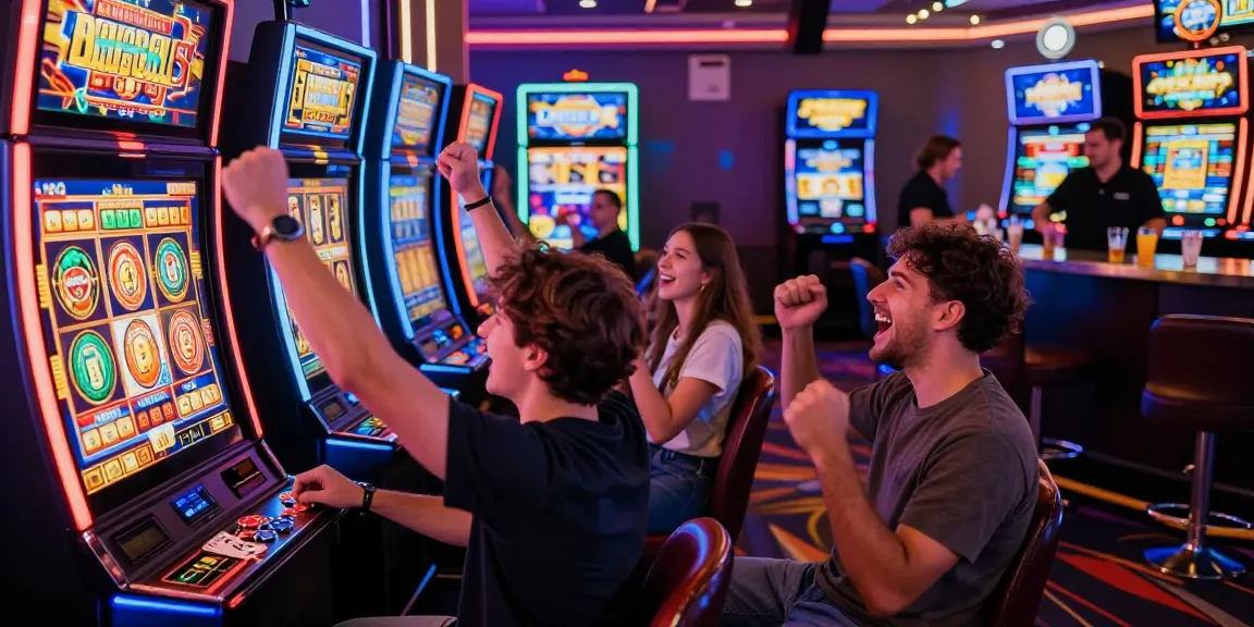 Exciting slot gaming scene with players celebrating wins in a vibrant casino atmosphere