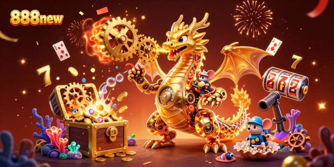 Experience thrilling moments at 888new with a golden dragon and jackpot reels surrounded by vibrant casino elements.