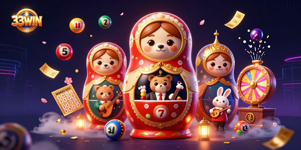 Experience the vibrant world of 33WIN with playful bears, bouncing lottery balls, and exciting casino elements.