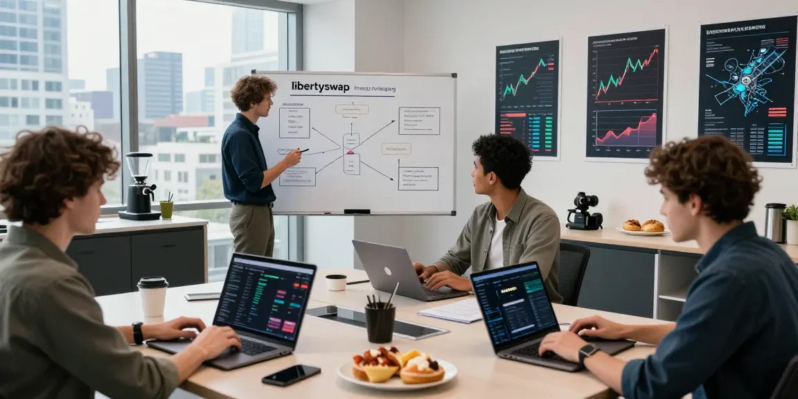 Team collaborating on libertyswap cross-chain trading strategies in a modern office