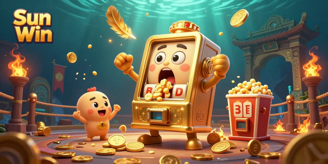 Spin to win with Sun Win's golden slot machine hitting the jackpot in a vibrant casino scene.