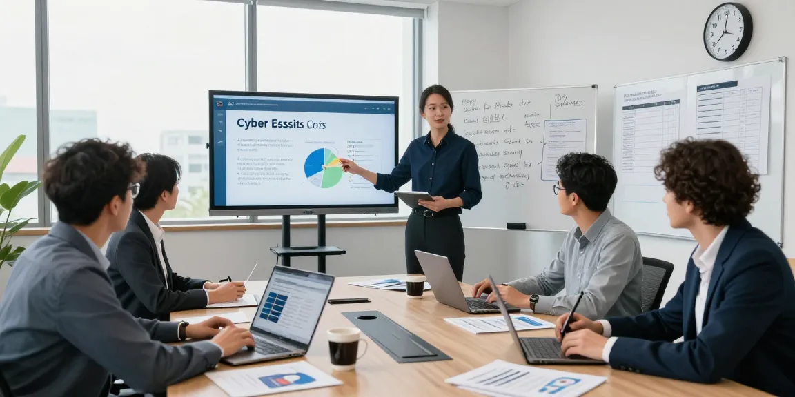 Cyber Essentials cost discussed in a modern office setting during a team meeting, highlighting strategic planning and certification details.