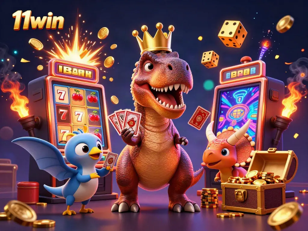 Experience the thrill of 11win with cartoon dinosaurs in a bustling casino scene, featuring vibrant animations and gaming excitement.