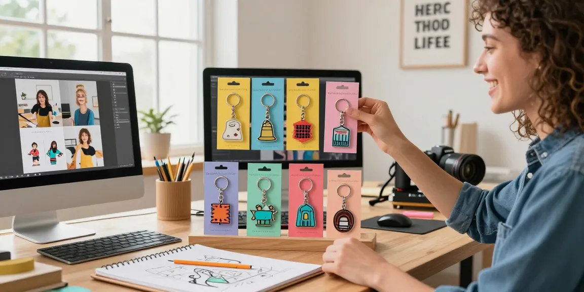 Custom keychains displayed in a vibrant workspace showcasing a variety of designs and packaging.