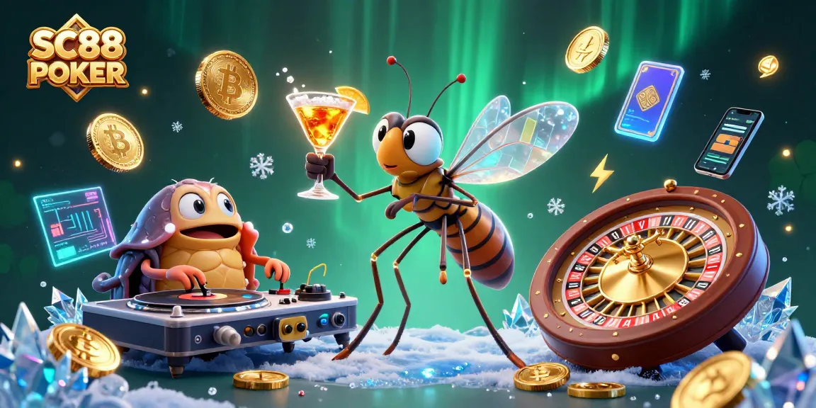 Engage in thrilling gameplay with SC88 POKER at a dynamic casino scene featuring unique characters and crypto elements.