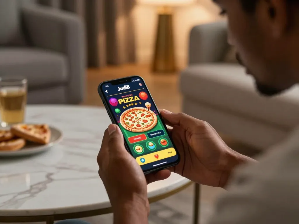 Engaging with the Jun88 pizza casino app on a smartphone for exciting gaming action