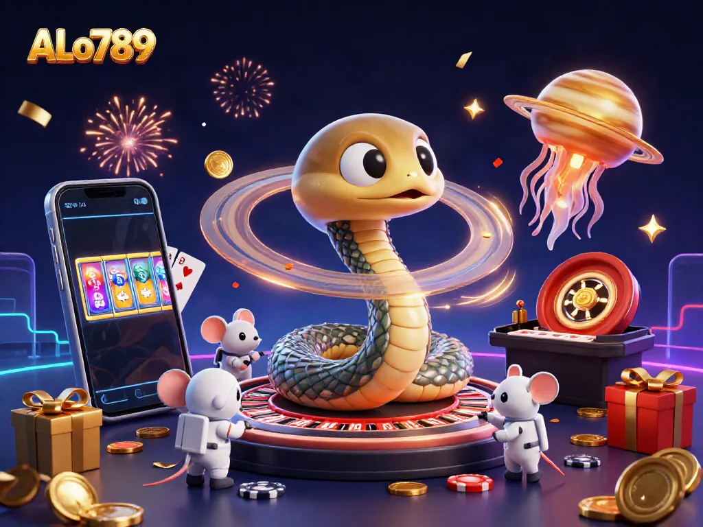 Experience excitement at ALo789 with a vibrant cosmic casino scene featuring thrilling games and dynamic characters.