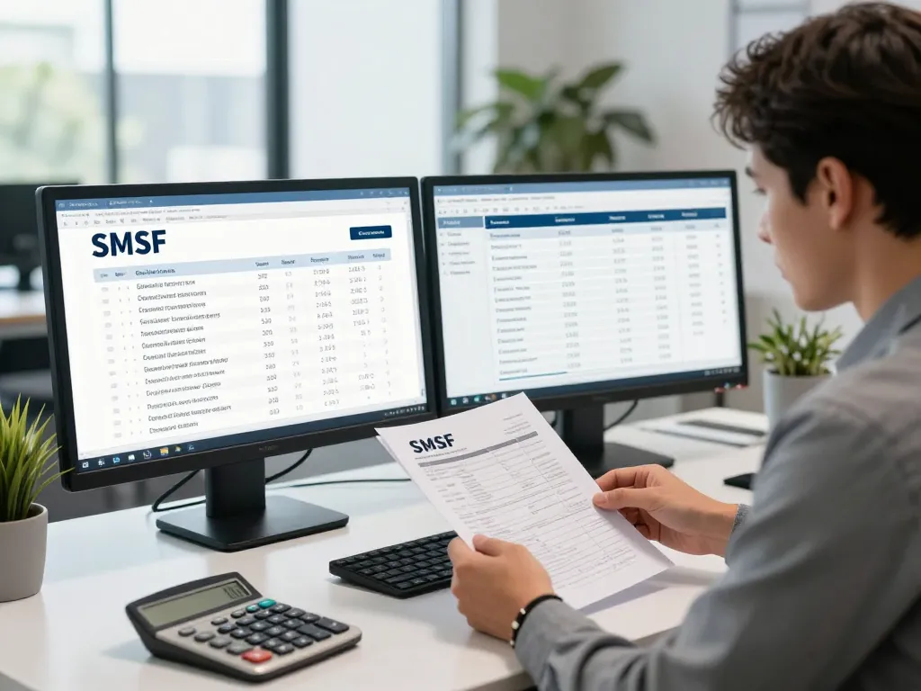 Investment-focused SMSF Accountant reviewing compliance documents at modern office desk.