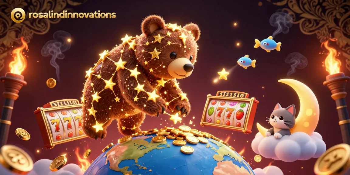 Experience the winning thrills at rosalindinnovations with a captivating 3D slot gaming scene filled with golden coins and celestial characters.