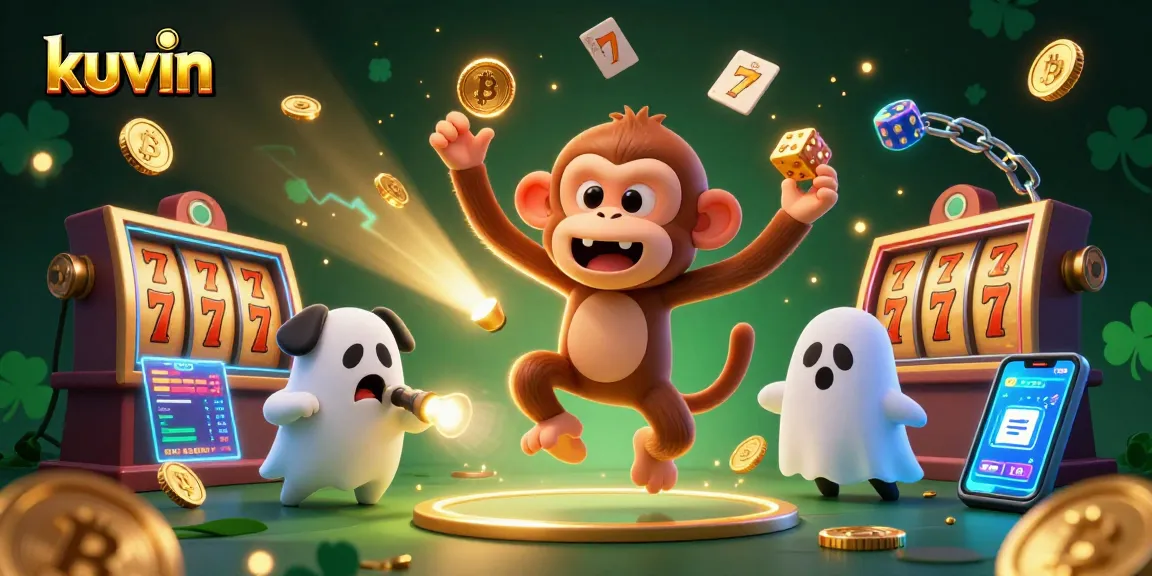 Kuvin showcasing an exciting haunted casino scene with a playful poltergeist monkey and a curious puppy amidst slots and crypto elements.