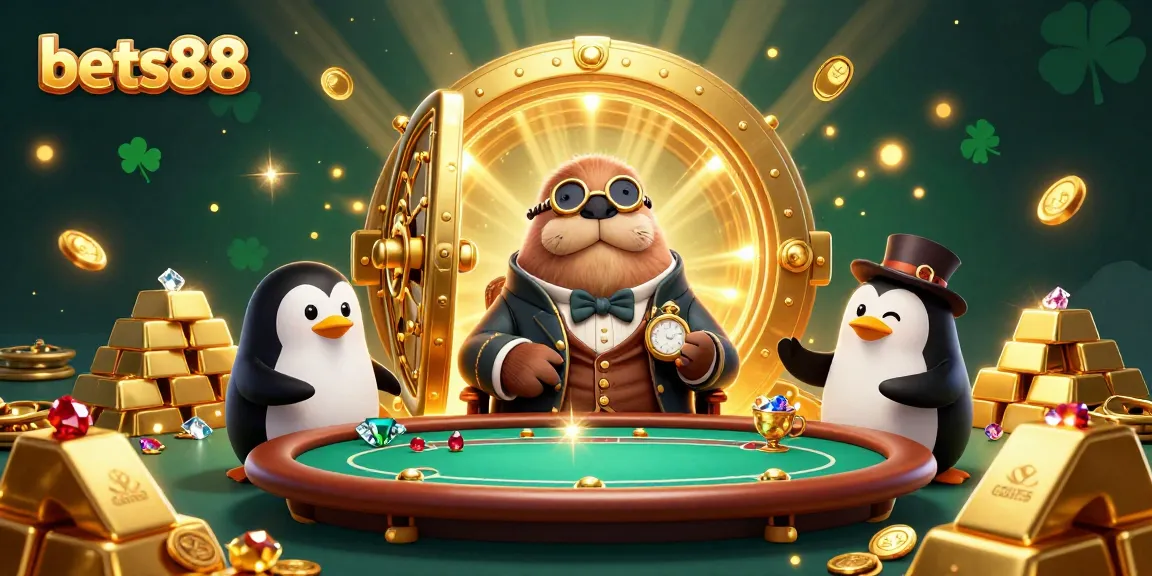Engage in thrilling bets88 gaming with a jolly walrus at a vibrant poker table illustrated in 3D.