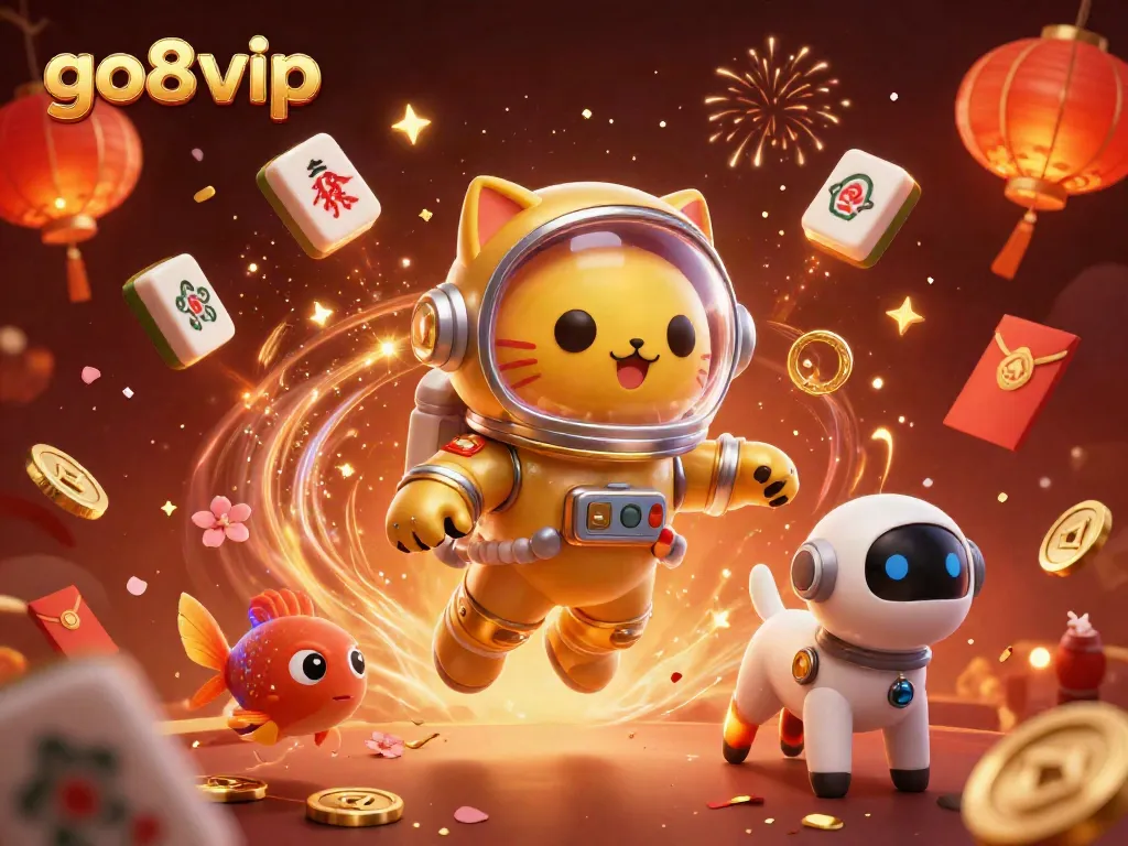Join the fun with go8 vip in this vibrant 3D casino scene featuring a space cat and robot dog!