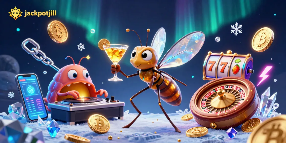 Experience jackpotjill's vibrant casino world with a stylish frozen mosquito mascot and dynamic gaming elements.