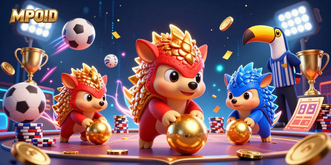 MPOID showcases a competitive 3D gaming scene with pangolins bowling through poker chips and sports elements.