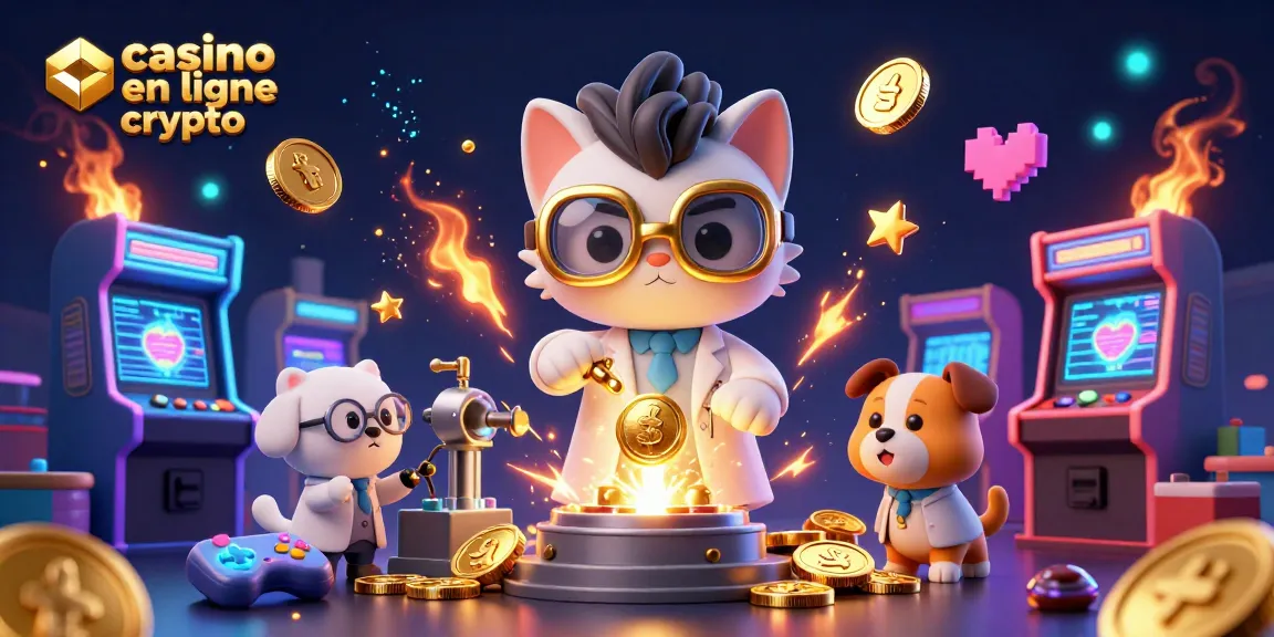 Maîtrisez le jeu dans un casino en ligne crypto avec ce personnage dynamique, des pièces dorées et une ambiance de laboratoire.