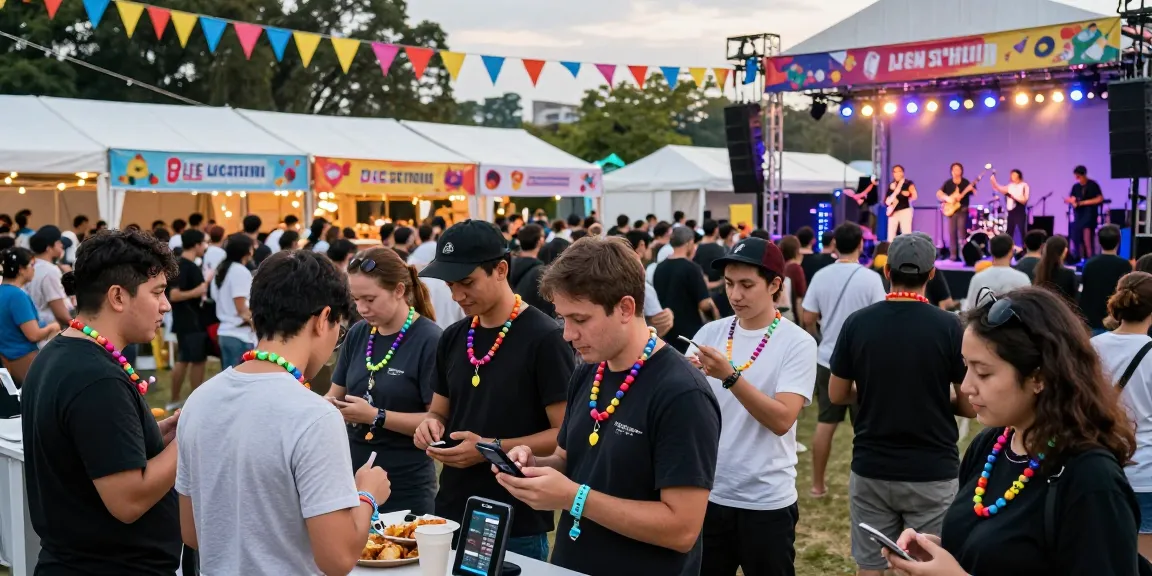 Attendees at a festival using pulseras NFC for events to streamline access and payments while enjoying performances.
