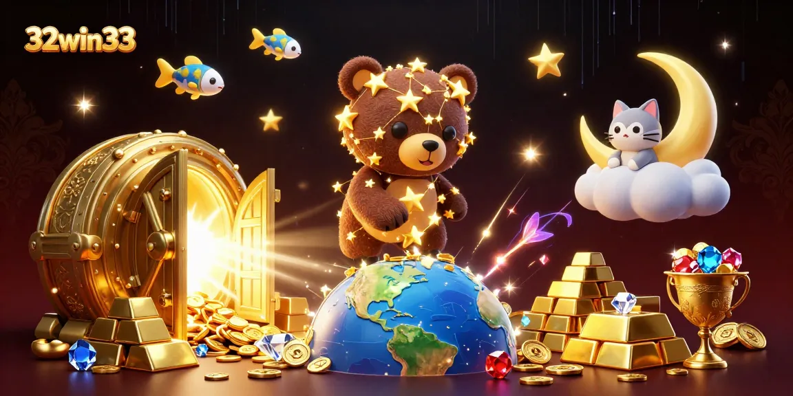 Engage with the winning adventures of 32win33 as golden stars rain coins from a cosmic scene, igniting excitement.