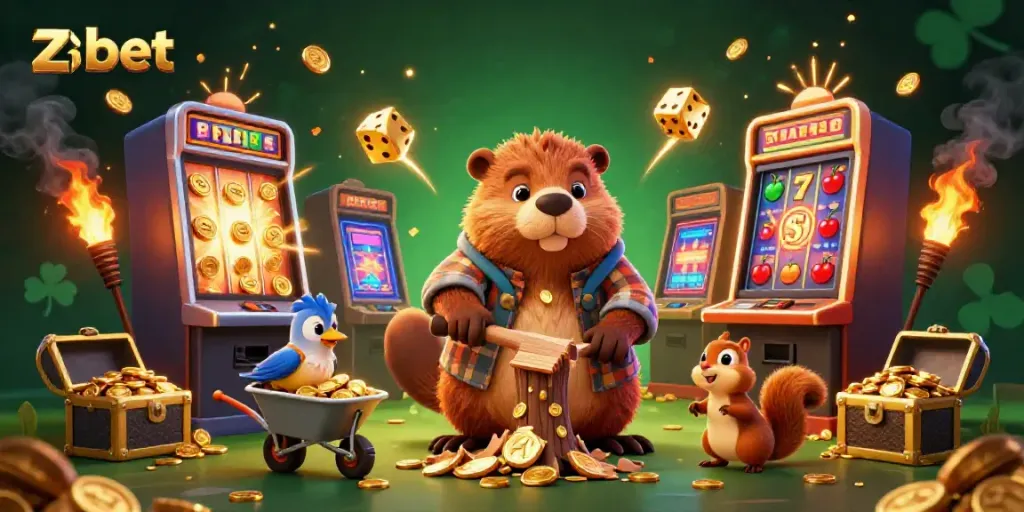 Experience thrilling action at zbet with cartoon characters enjoying casino games and treasures.