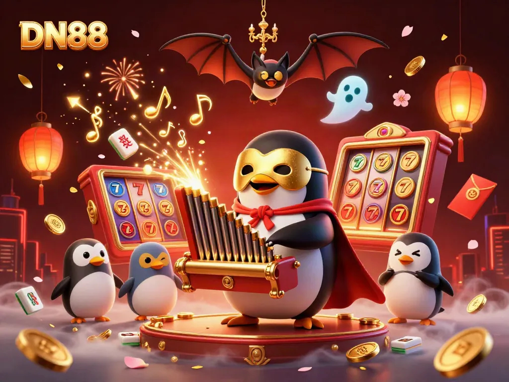 Engage with exciting games at DN88 with a vibrant illustration featuring a penguin at a casino organ.