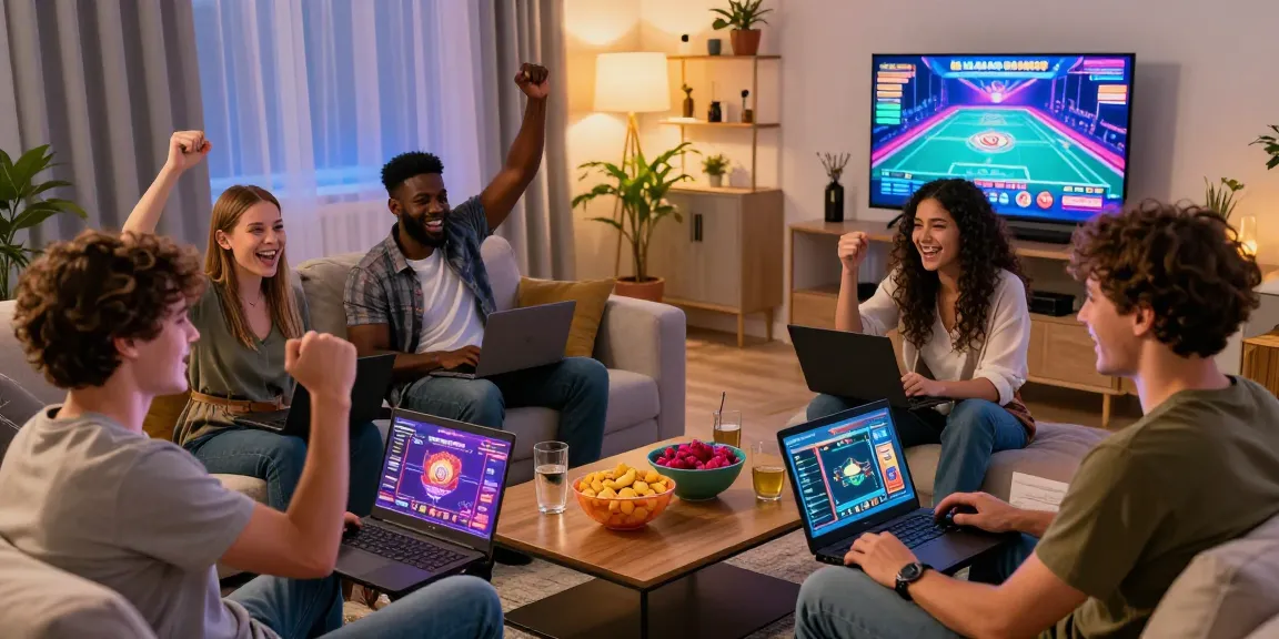 Amici che si godono una vivace serata di gioco presso i siti casino non AAMS, mostrando interazioni diverse con vari dispositivi e giochi.