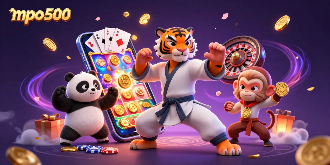 Experience action with mpo500 as playful characters engage in a vibrant casino scene full of games.