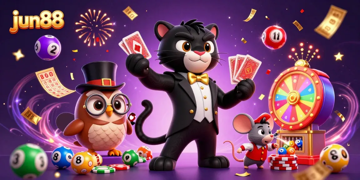 Watch the stylish panther in tuxedo deal cards at jun88's vibrant casino scene filled with excitement.