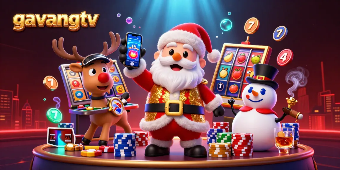 Experience the excitement of gambling with gavangtv, featuring Santa and friends in a vibrant casino scene.