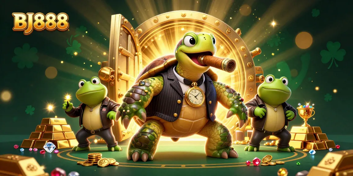 Experience the vibrant world of BJ888 Casino with a 3D illustration of a snapping turtle mobster surrounded by treasure and lights.
