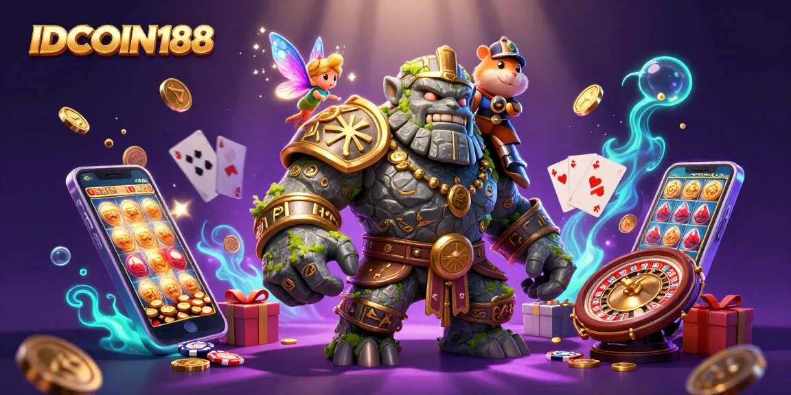 Engage in thrilling slots with IDCOIN188, featuring enchanting characters and dynamic casino elements in a vibrant scene.
