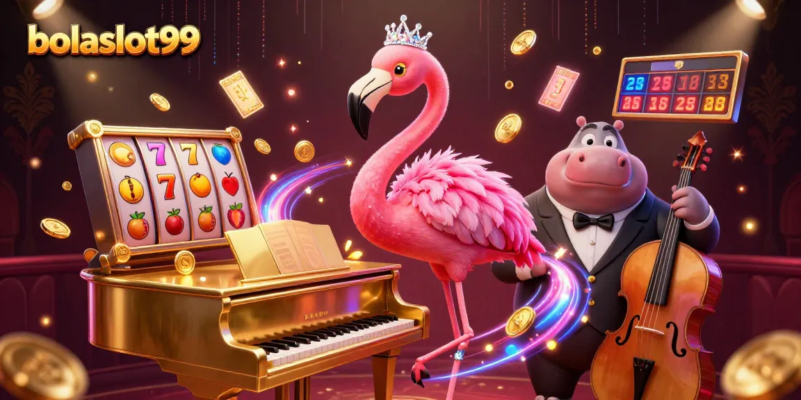 Experience the vibrant scene at bolaslot99 with a flamingo singer and hippo bassist in a casino