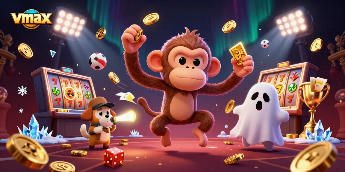 Experience vmax slots excitement with golden coins and vibrant characters in a lively casino scene.