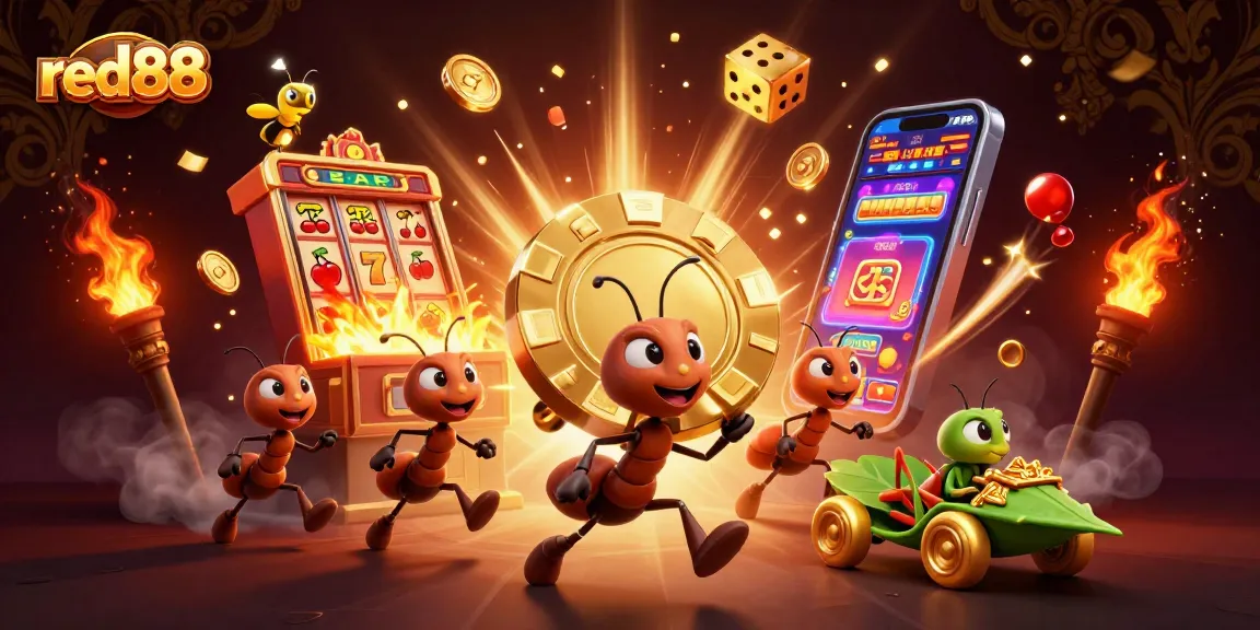 Engage in thrilling gameplay with red88's adventurous ant heist in a vibrant casino scene.