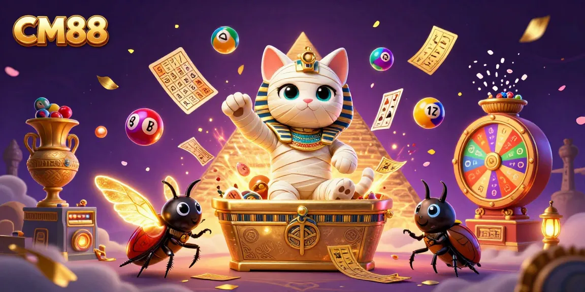Experience the excitement of CM88 with a vibrant Egyptian mummy cat and golden treasures bursting in a dynamic casino scene.