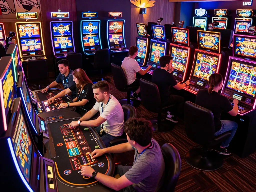 Players enjoying different slot machines at LOTO188 TRANG CHỦ, showcasing a vibrant gambling atmosphere.