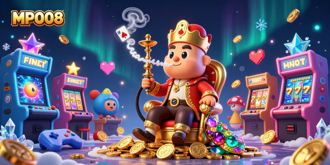 MPO08 engages players with a vibrant 3D illustration of games and characters, showcasing the immersive online casino experience.
