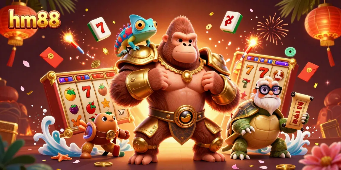Win big at hm88 with a dynamic casino scene featuring characters and vibrant game elements