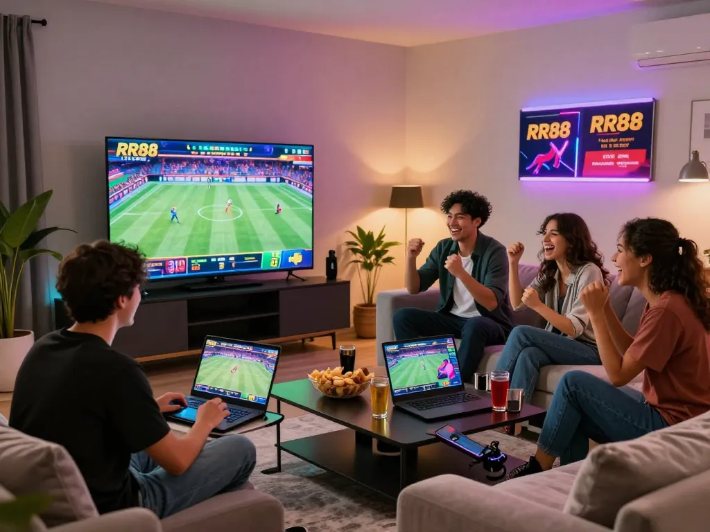 Friends enjoying gaming and sports betting at trang chủ rr88 in a lively home setting.