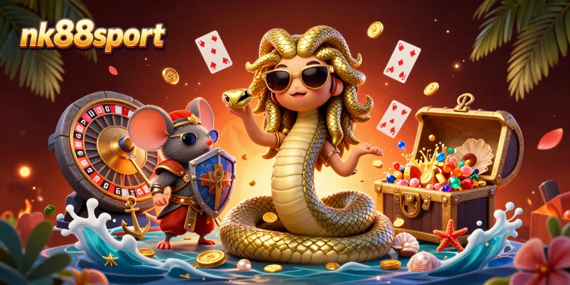 Experience thrilling gameplay with nk88sport featuring Medusa and a warrior mouse in an vibrant casino scene