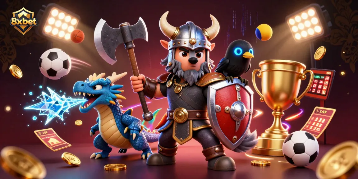 Experience thrilling action with 8xbet as a Viking wolf warrior battles alongside a fierce dragon in this dynamic casino scene.