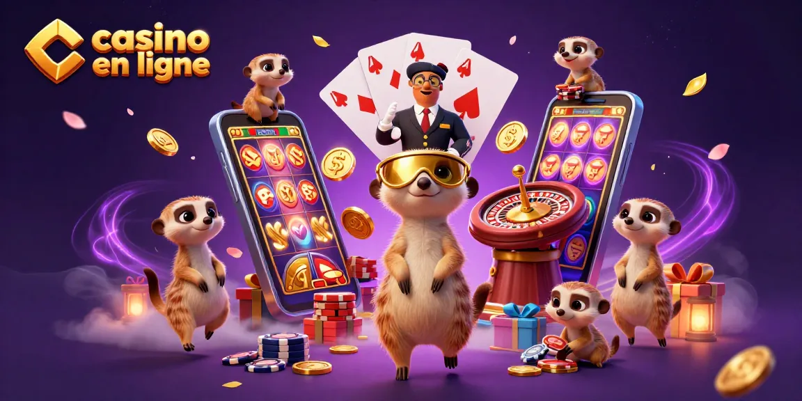 Jouer aux machines à sous au casino en ligne avec des meerkats animés dans une scène festive.