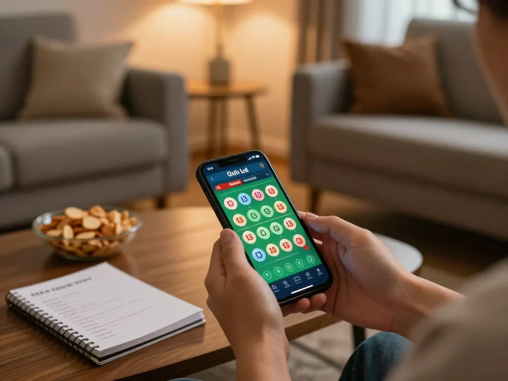 Engaging in đánh lô đề online using a smartphone interface in a cozy living room setting.