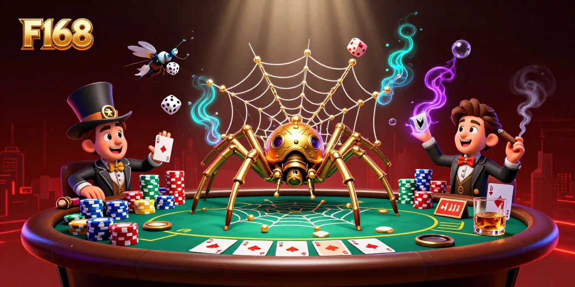 Experience the thrill of F168 with a steampunk spider and whimsical elements in an engaging casino scene.