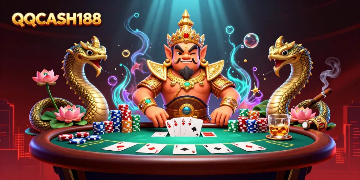 Engage with QQCASH188’s vibrant poker scene featuring an exciting Thai-themed illustration.
