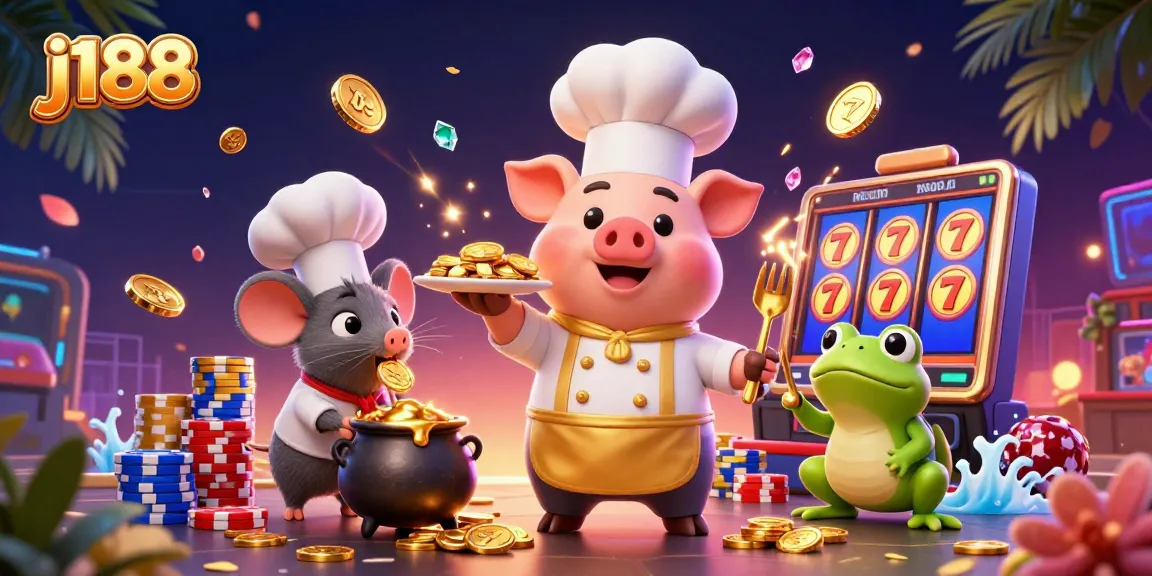 Join the action with j188 in a vibrant casino scene featuring a chef pig, sous-chef mouse, and critic frog.