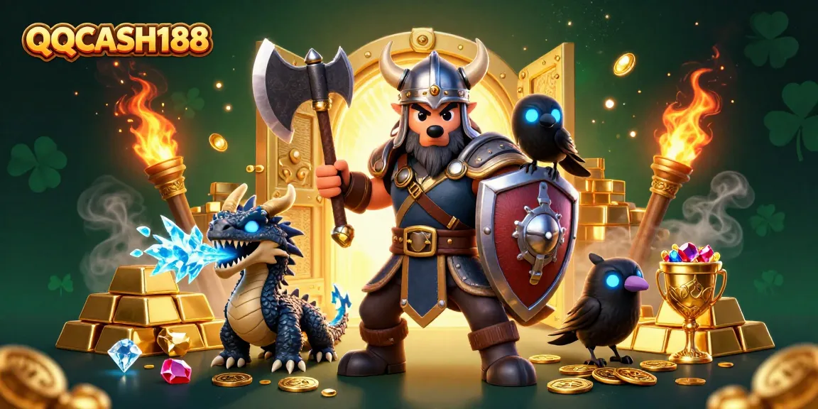 Engage with QQCASH188 as a Viking warrior, dragon, and treasures come to life in a dynamic casino scene.