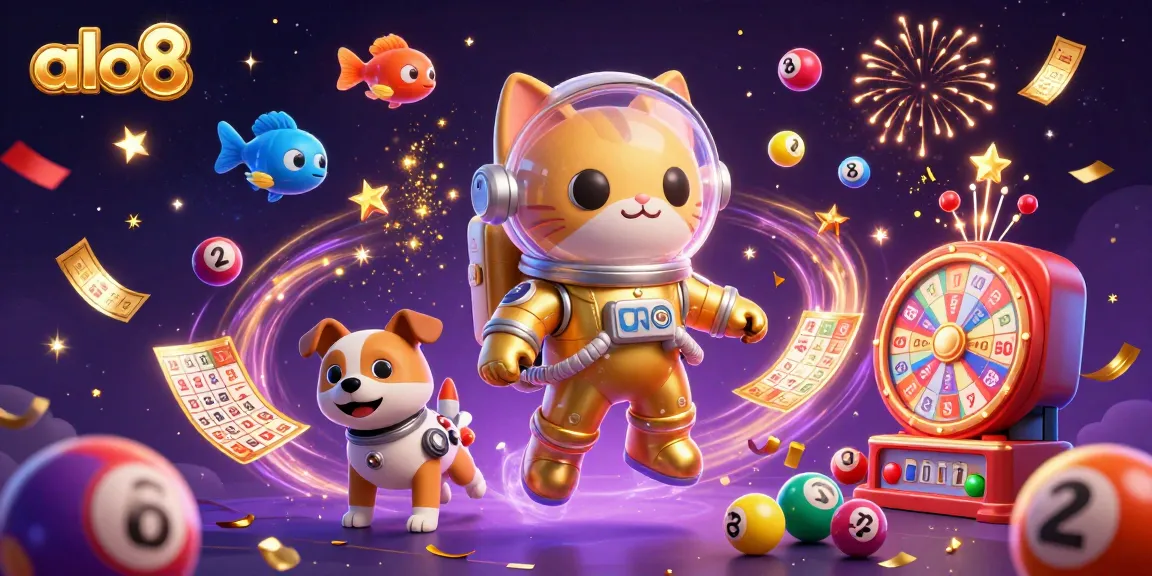 Experience the excitement of alo8 with a vibrant 3D illustration featuring a cosmic theme and dynamic gambling elements.